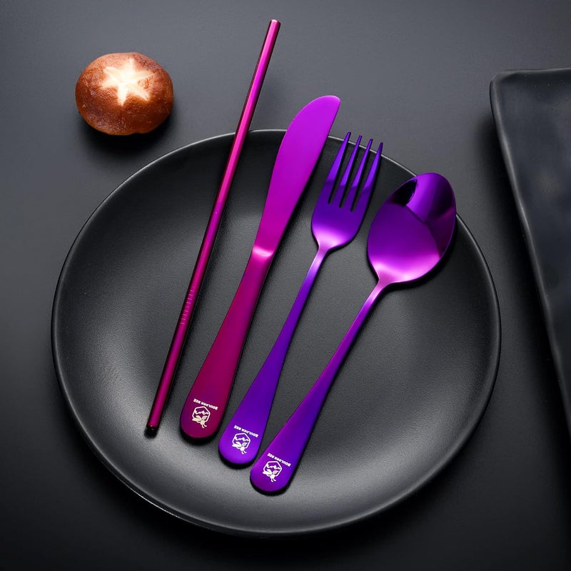 Boulder Bee | Travel Utensils Set | Reusable Camping Cutlery Set | Stainless Steel Flatware Set | Portable Silverware Set with Case | Includes Knife/Fork/Spoon/Straw/Cleaning Cloth/Case (Purple) - Image 5